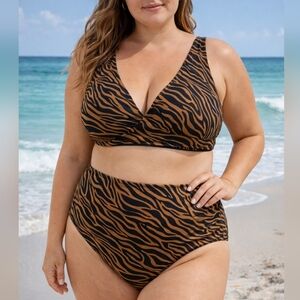 Knix Tiger Print High Waist Bikini Set XXL XL Brown Black Swimwear Women's